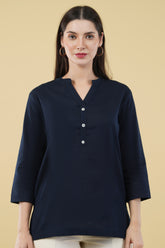 NAVY BLUE LINEN SHORT KURTA - SKYTICK